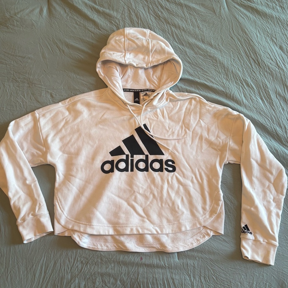 Adidas Crop White Hoodie with Black Accents
